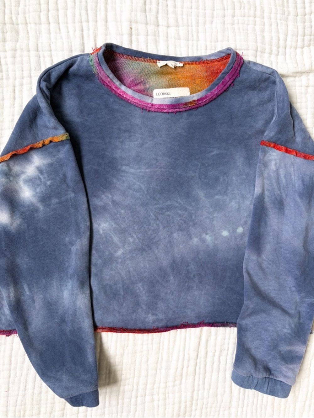 Tie Dye Cropped Sweatshirt Blue Pink Raw Hem Boho Festival Small